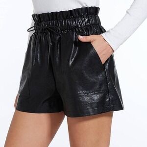 CUPSHE Black Faux Leather Paperbag Waist Shorts Drawstring Pockets Size L